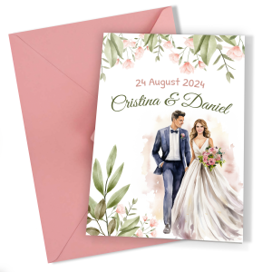 Invitatii nunta clasice cu plic Roz - Mire si mireasa - INC-07