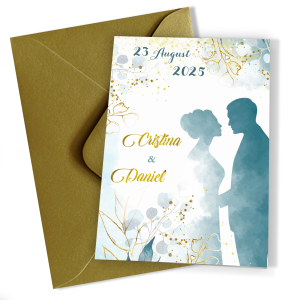 Invitatii nunta clasice cu plic Auriu - Siluete miri - INC-33