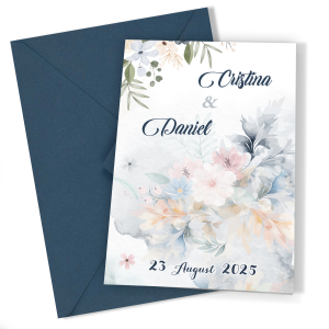 Invitatii nunta clasice cu plic Bleumarin - Decoratiuni florale - INC-34