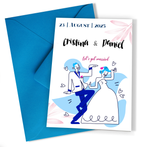 Invitatii nunta haioase cu plic Albastru - Mire si mireasa - INC-45
